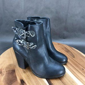 Women’s Black Ankle Boots with Snake-Print Buckle Detail